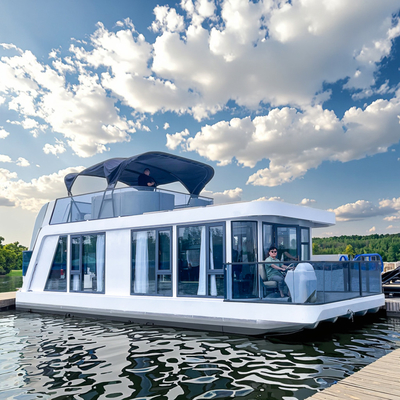 Two Story 4.0m Width House Boat Luxury Floating Pontoon Houseboat For 16 Person