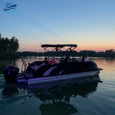 23FT Fiberglass Pontoon Boat for Family Leisure | Sport Style Luxury Deck Boat with Black & White Paneling