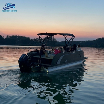 23FT Fiberglass Pontoon Boat for Family Leisure | Sport Style Luxury Deck Boat with Black & White Paneling