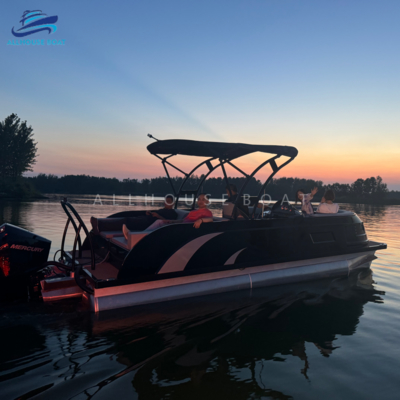 23FT Fiberglass Pontoon Boat for Family Leisure | Sport Style Luxury Deck Boat with Black & White Paneling