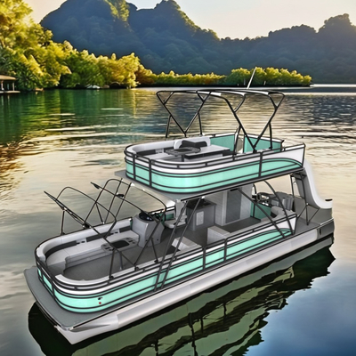 27FT Double Layer Pontoon Boat – Luxury Two-Tone Green & White Deck Boat for Leisure Fishing & Water Sports