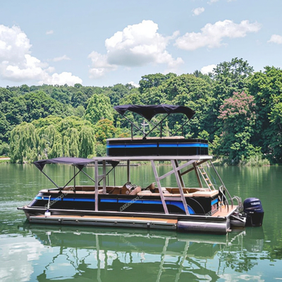 25FT Double Layer Pontoon Boat – Luxury Aluminum Sport Pontoon With Black & Blue Panels Twin Deck Design For Leisure Fishing & Water Sports