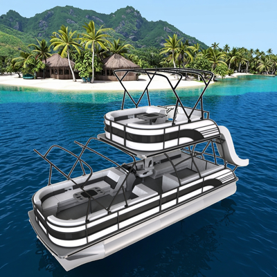 26FT Double Layer Pontoon Boat With White & Black Panel | Luxury Twin Deck Party & Fishing Pontoon For Lake & Coastal Cruising