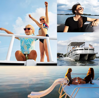 27FT Double Deck Pontoon Boat with Slide & BBQ Grill | Luxury Black Two-Layer Party Boat for Leisure & Fishing