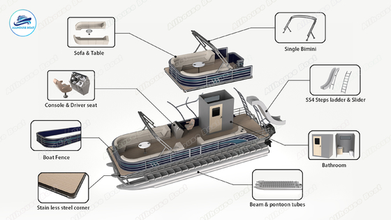 26FT Double Layer Pontoon Boat With White & Black Panel | Luxury Twin Deck Party & Fishing Pontoon For Lake & Coastal Cruising