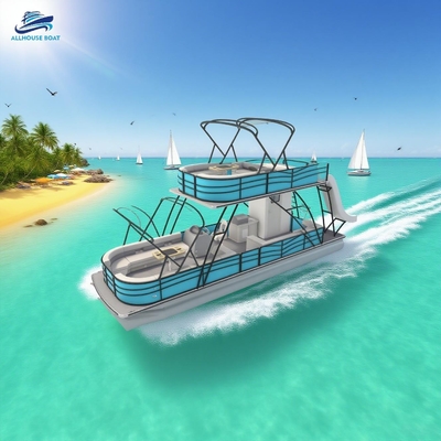 Luxury Blue Double Deck Pontoon Boat with Slide, Bar, Toilet, Shower, Ambient Lights, Party Boat for Sale