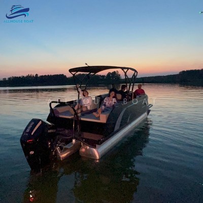 Aluminum Hull Material Fiberglass Pontoon Boat with 2.3m*8.2m Size and Bimini Top for Comfortable Water Adventures
