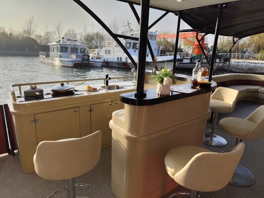 Double Decker Pontoon Boat with Aluminum Construction and Bimini Top for Enhanced Durability and Comfort