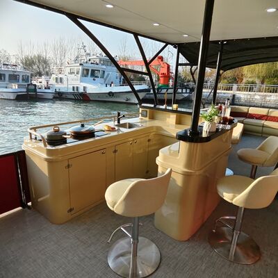 Double Decker Pontoon Boat with Double Layer Design, Bimini Top, and Various Color Options for Enhanced Stability and Comfort