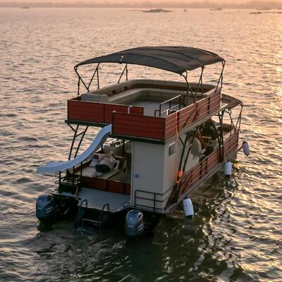 Bimini Top Included Pontoon Party Boat Designed to Enhance Cruising Experience With Spacious Deck and Comfortable Seating