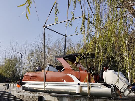 150HP Fiberglass Pontoon Boat with LED Navigation Lights and Bimini Top for Long Lasting Performance