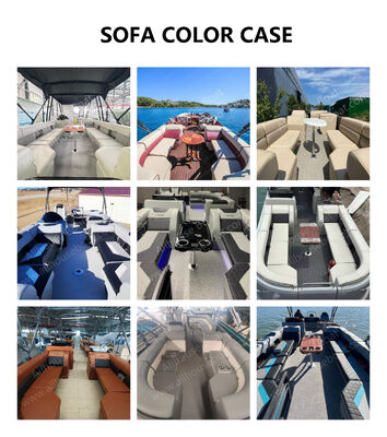 24FT Sport Fiberglass Pontoon Boat with Dual Bimini and Vibrant Orange Interior