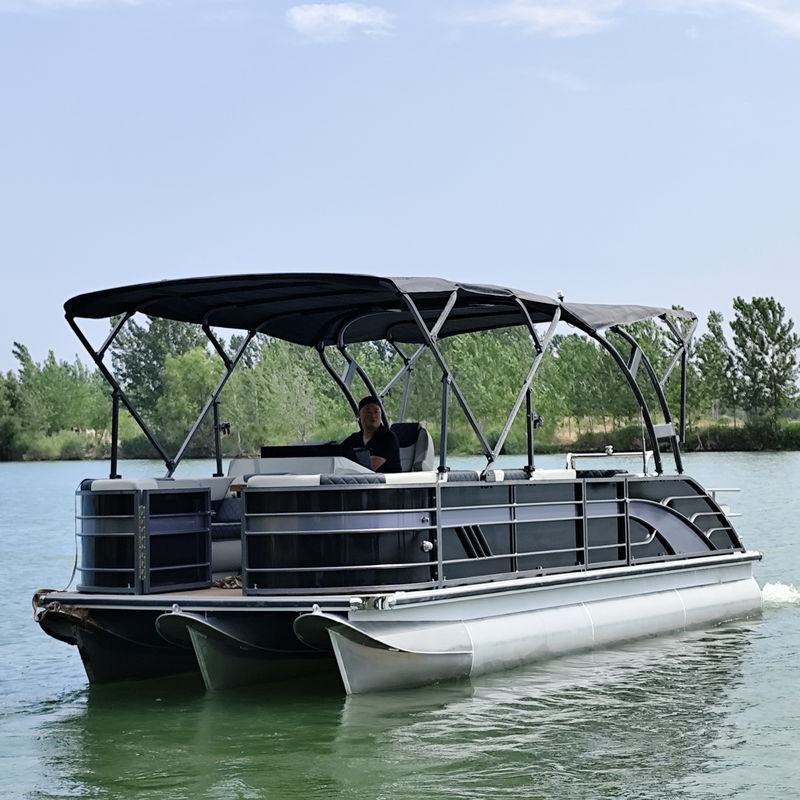 25ft Modern Black & Silver Pontoon Boat - Sleek Design For Premium Leisure & Business Use