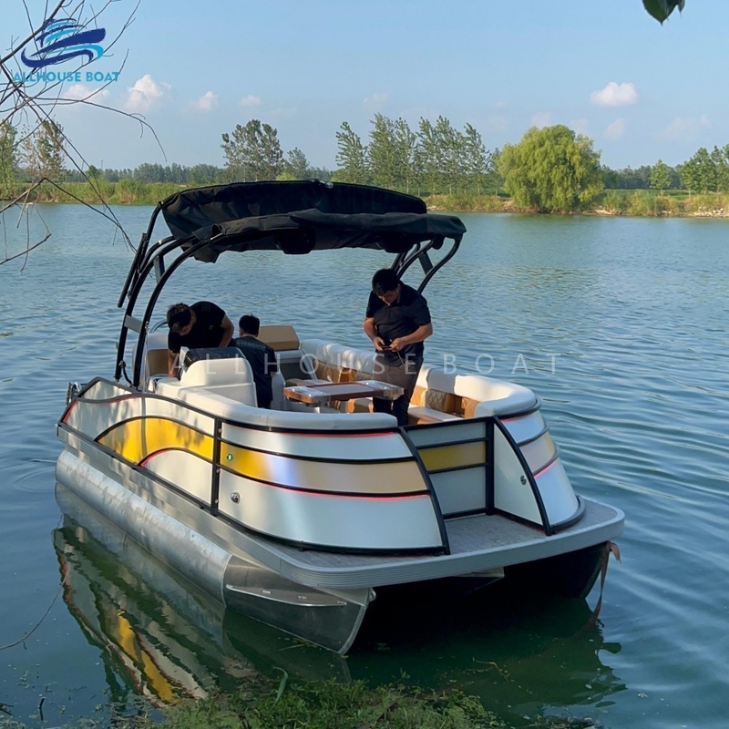 17FT Family Pontoon Boat for Leisure Cruising | Sport Style Aluminum Deck Boat for 6-8 People