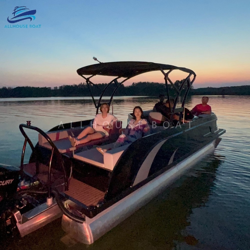 23FT Fiberglass Pontoon Boat for Family Leisure | Sport Style Luxury Deck Boat with Black & White Paneling