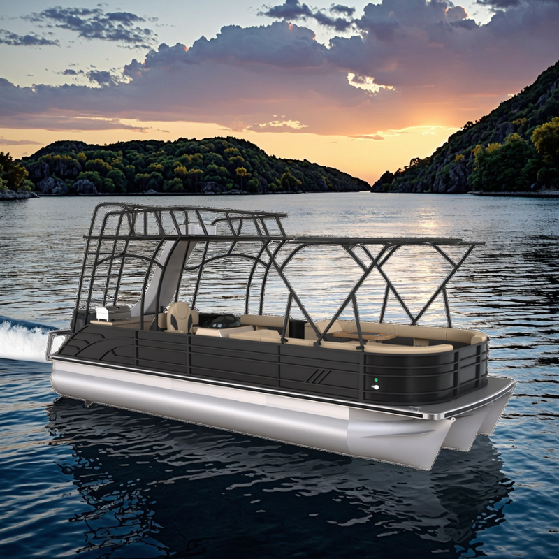 27FT Double Deck Pontoon Boat with Slide & BBQ Grill | Luxury Black Two-Layer Party Boat for Leisure & Fishing
