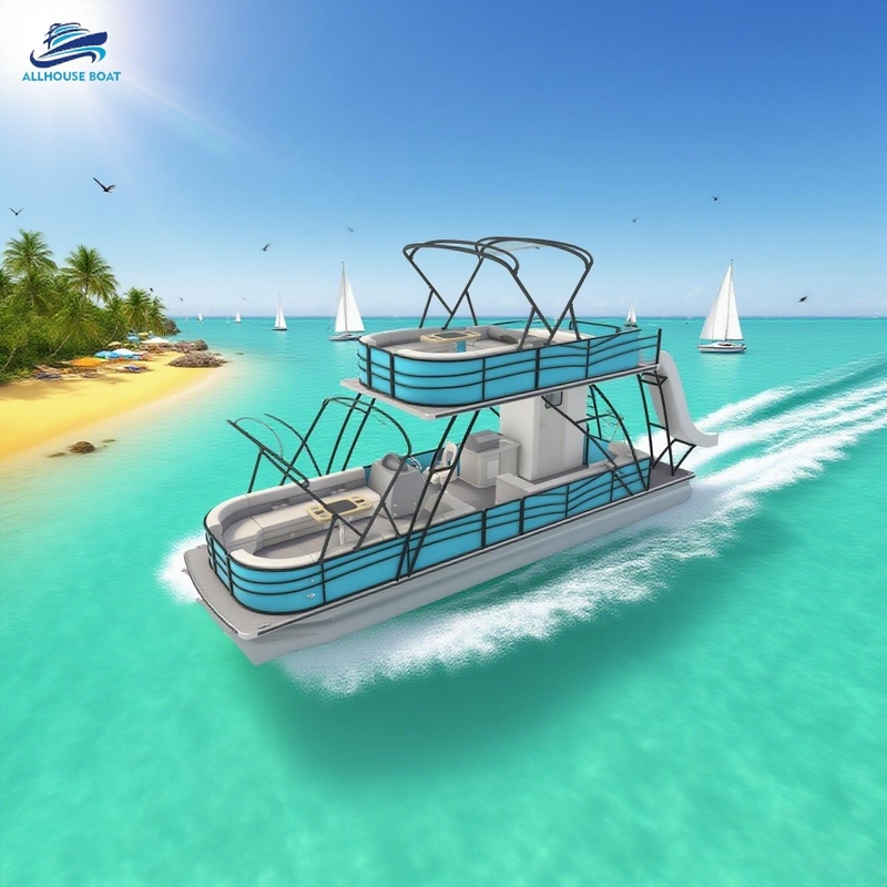 Luxury Blue Double Deck Pontoon Boat with Slide, Bar, Toilet, Shower, Ambient Lights, Party Boat for Sale