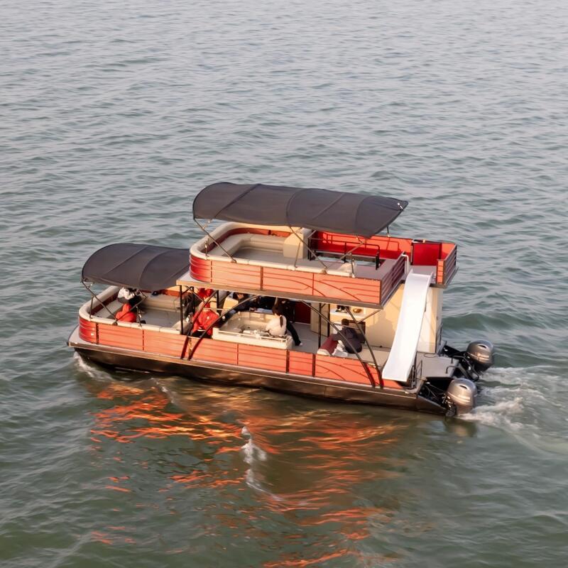 Double Decker Pontoon Boat with 12 Cup Holders and Aluminum Construction for Lightweight Durability