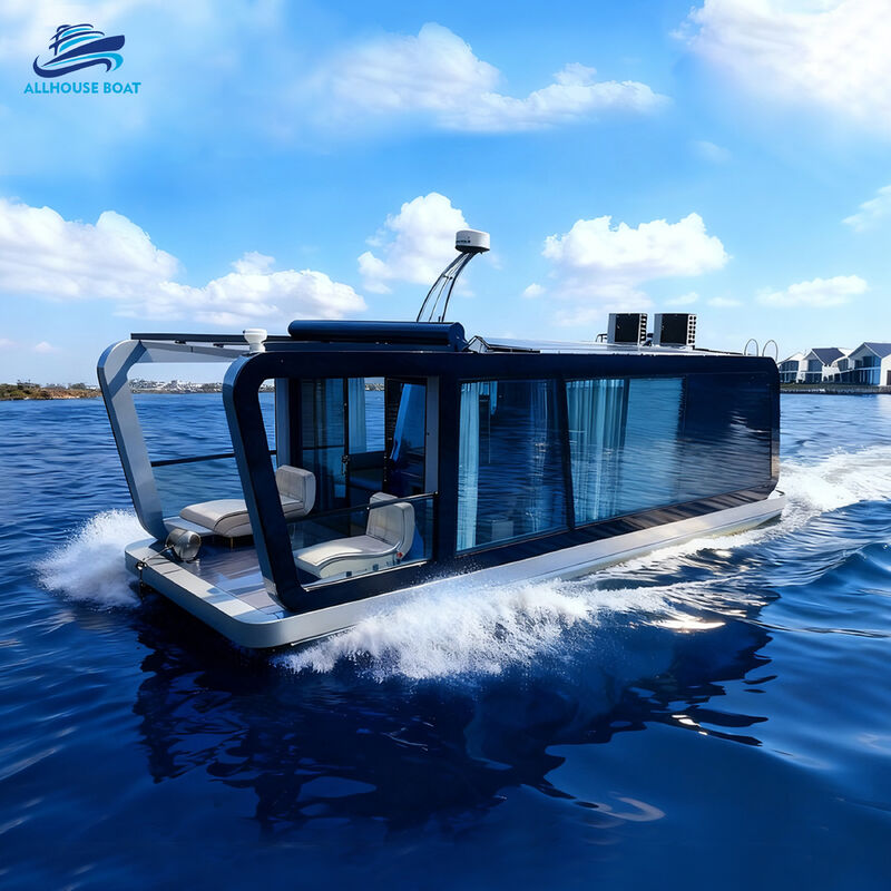 40FT Luxury Houseboat Floating Home with Marine-grade Aluminum Pontoon and Panoramic Windows