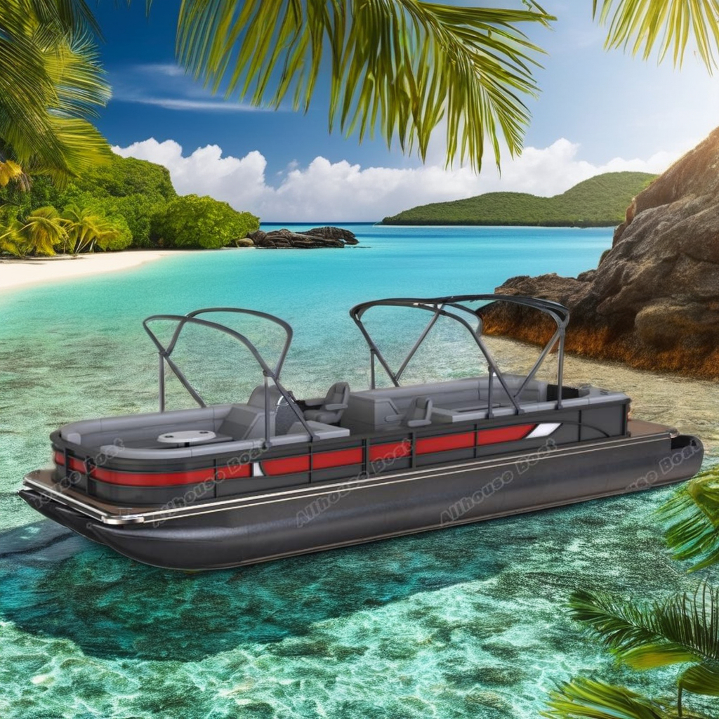 Luxury Black Pontoon Boat with Red White Panel