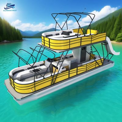 30FT Double Layer Luxury Yellow Pontoon Boat with Slide, Bar, Restroom, Shower, Party Lighting for Sale