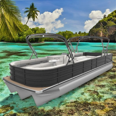 Luxe zwarte pontonboot met een capaciteit van 18-22 personen en een lengte van 29 voet voor familie- en feestcruises