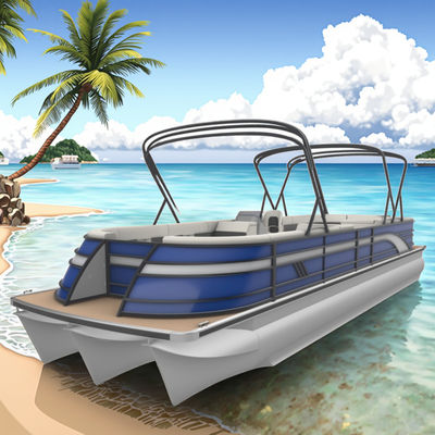 Perahu ponton panel biru putih dengan tempat duduk sofa empat sisi untuk 18-22 orang, untuk penggunaan rekreasi dan pesta mewah