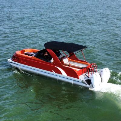Barco pontão de fibra de vidro de 26 pés com potência máxima de 150 HP e toldo Bimini incluído para uso recreativo